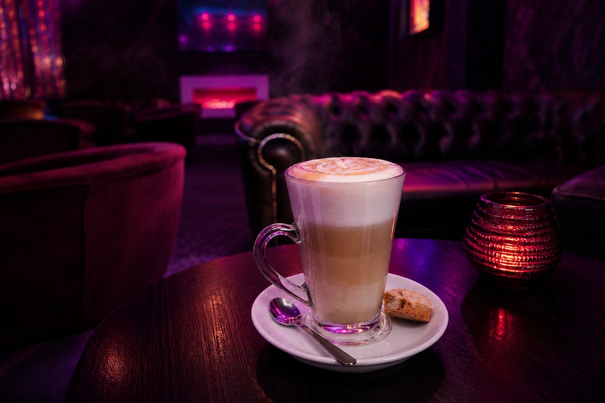 Latte Macchiato im Glas mit Milchschaumherz, dahinter die Sitzecke des Sternzeit in warmem Licht.