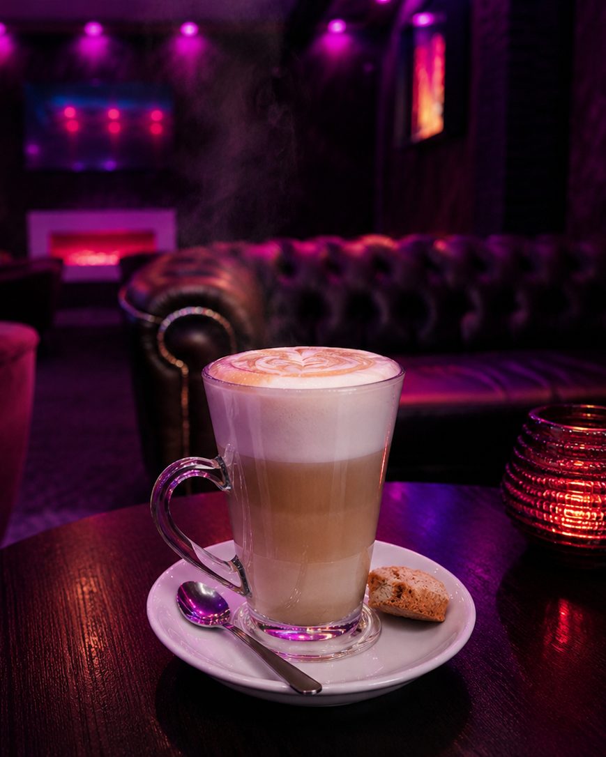 Latte Macchiato auf einem Tisch im Sternzeit, im Hintergrund Sessel und Sofa.