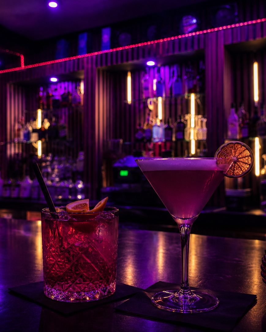 Zwei Cocktails auf dem Tresen im Sternzeit vor dem beleuchteten Flaschenregal.