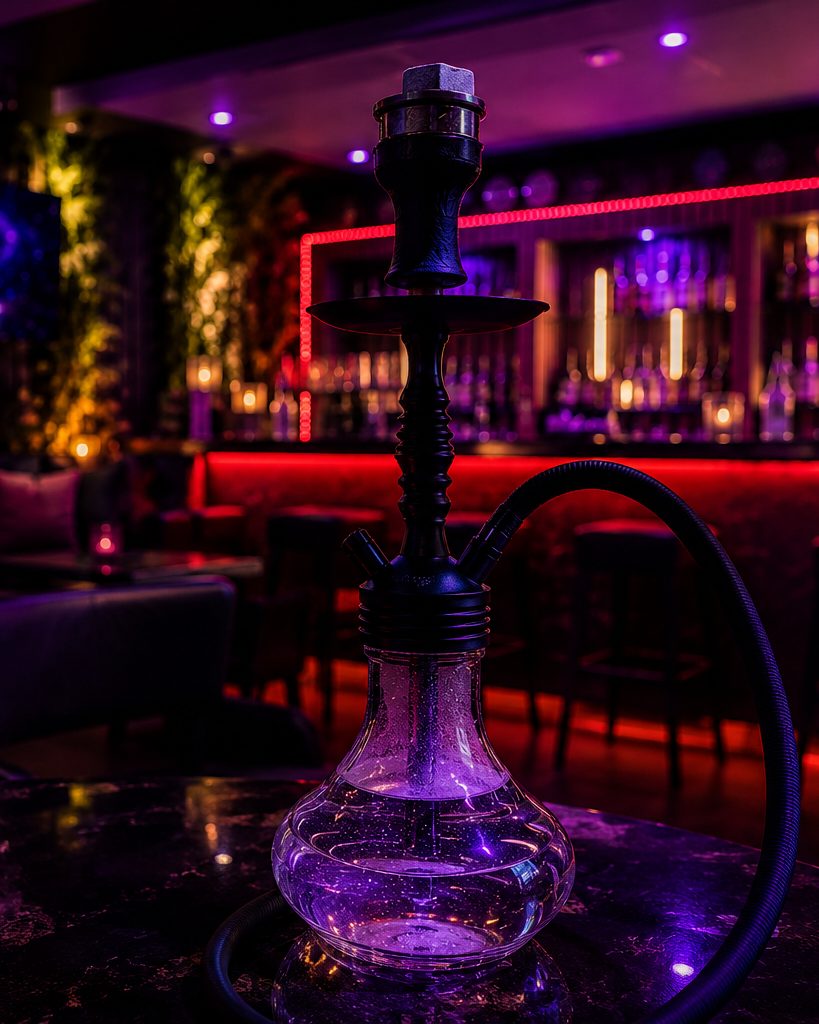 Shisha mit violett beleuchteter Bowl auf einem Tisch im Sternzeit.